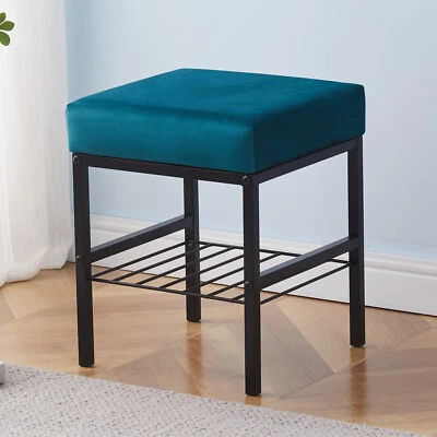 Velvet Square Foot Stool, With Storage Shelf, Metal Legs, 13X13X16, Teal - Image 1 of 4