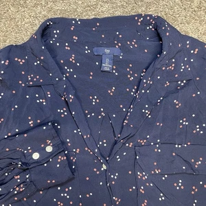 Gap casual long sleeve button-down blouse shirt polkadots large hi low navy - Picture 1 of 5