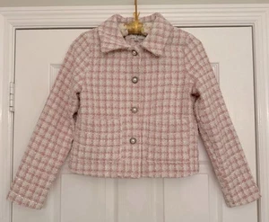 Aura Tweed Pink Plaid Pearl Cropped Blazer Womens Sz S Prep Career Elle Woods - Picture 1 of 8