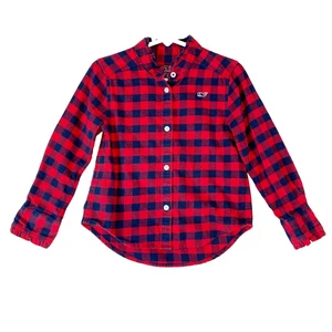 Vineyard Vines Top Girls 4T Red Blue Button Up Plaid Ruffle 100% Cotton Preppy - Picture 1 of 3