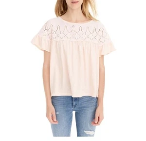 J.CREW WOMEN'S LIGHT PINK FLUTTER SHORT SLEEVE EYELET BABYDOLL TOP L 100% Cotton - Picture 1 of 10