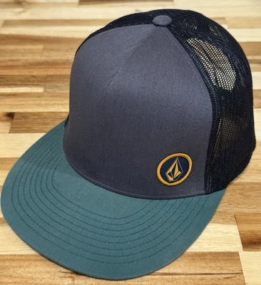 Genuine Volcom Snapback Hat Gray Black Mesh Trucker Cap Green Brim Logo Patch - Image 1 of 4