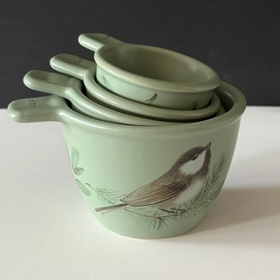 4 Piece Measuring Cup Set - Pfaltzgraff Winterwood Green - Chickadee Cherries - Image 1 of 4