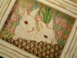 Pair of Lovely Cute Rabbits Flowers Preworked Needlepoint Canvas Hand Stitched - Picture 1 of 4
