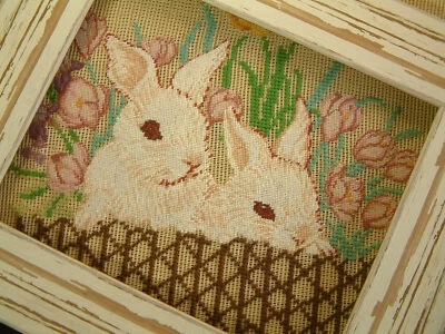 Pair of Lovely Cute Rabbits Flowers Preworked Needlepoint Canvas Hand Stitched - Image 1 of 4
