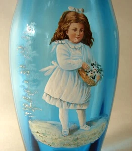 Hand Painted Enamel Mary Gregory Victorian Era Girl Optic Blue Glass Vase 9 1/2" - Picture 1 of 9