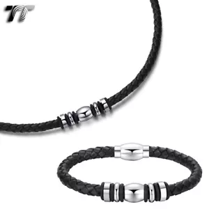 TT Black Leather Silver S.Steel Magnet Bead Buckle Collar Necklace+Bracelet NEW - Picture 1 of 3