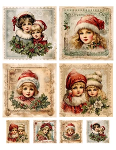 Set of 8 Vintage Victorian Christmas Girls Ephemera STICKERS - Just Cut & Use! - Picture 1 of 1