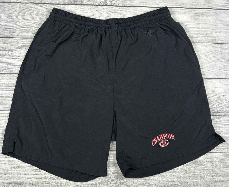 Vintage Champion 90's Shorts Swim Trunks Men's Size Large Black Spellout Logo - Image 1 of 4