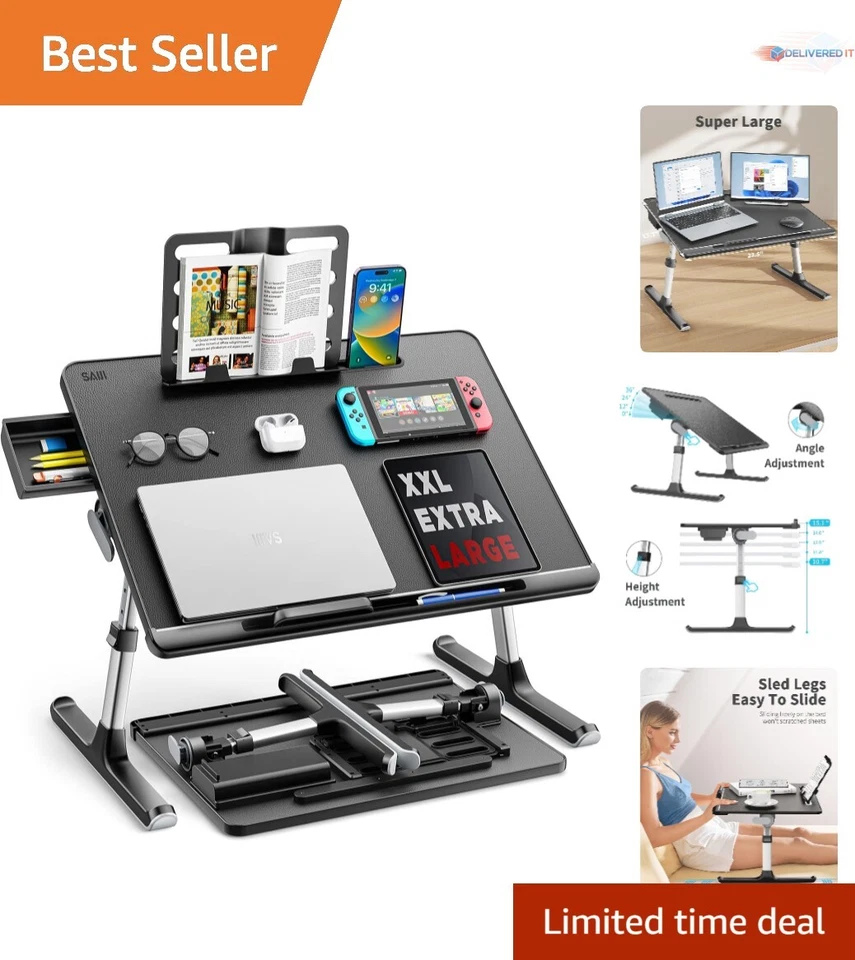 Large Adjustable Laptop Desk Bed Tray Foldable Storage Drawer Bookstand Black - Image 1 of 4