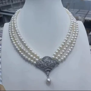 3-reihiges Collier 6 -7 mm runde japanische Perlen, Laborgefertigte Diamanten 925er 17-18-19" - Bild 1 von 3