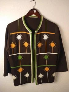 Vintage 60s Floral Cardigan Choc Brown Open Medium/Large Wool blend Union tag - Picture 1 of 6