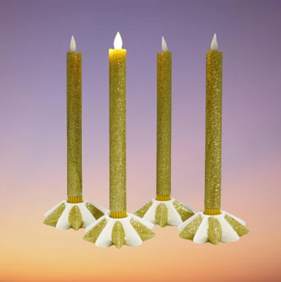 LED Stabkerzen + Kerzenhalter 4er Set Kerzenständer m. Glitzer Kerzen Gold Timer - Bild 1 von 2