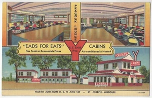 1940 postal publicitaria de lino barbacoa en carretera, cabañas - St. Joseph, Missouri - Imagen 1 de 2