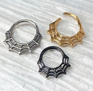 1pc Solid Titanium Spiderweb Design Hinged Segment Ring Hoop Septum Spider Web - Picture 1 of 8