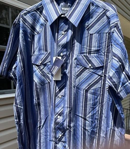 Camicia wrangler western, a righe blu, maniche corte, a scatto perla, taglia 2XL uomo - Foto 1 di 9