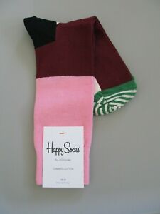 Happy Socks Pink Multi Color Block Striped Combed Cotton Men's Crew 10-13 