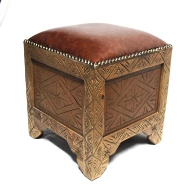 Footstool Handmade Carved Wood Brown Leather Top Vanity Stool Moroccan - Image 1 of 4
