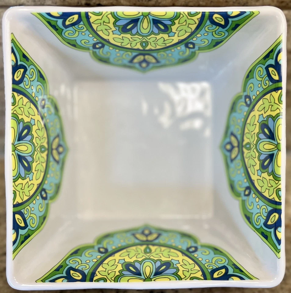 Juego de 4 cuencos cuadrados de cereal de melamina medallón azul verde Cynthia Rowley Foto 1 de 1