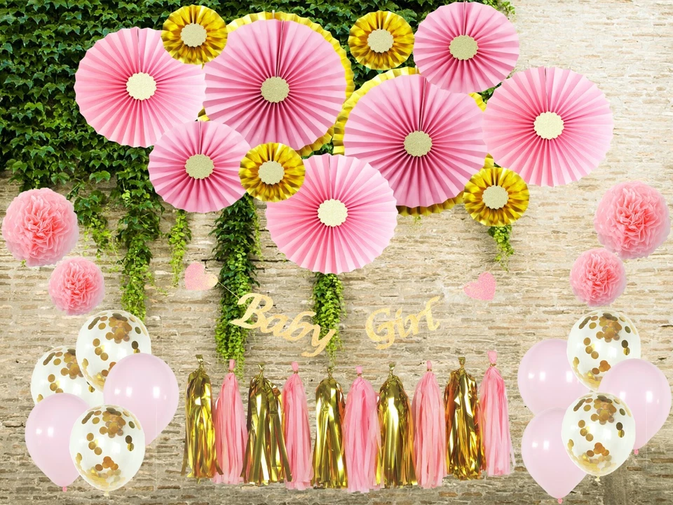 Baby Shower Decorations Girl, Pink & Gold Paper Fans, Balloons, Pom Poms, Party - Image 1 of 4
