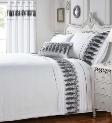Feathers Duvet Cover Luxury Pintuck Quilt Bedding Bed Set White Grey Single - Image 1 of 4