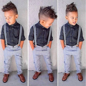 Toddler Infant Baby Boy Gentleman Clothes Button Tops+Strap Pants 2PCS Outfits - Picture 1 of 5