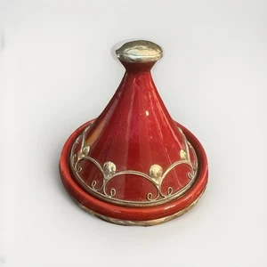 Small Moroccan Ceramic Decorative Tagine Condiments Red W Silver Trim 6 - Picture 1 of 4