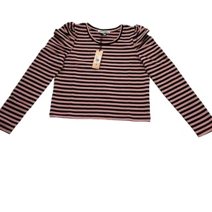 Rebecca Minkoff Cropped Talia Striped Sweatshirt Pink Navy Puff Sleeve XS - Picture 1 of 7
