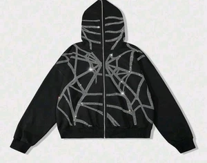 Nuevo Hombres Mujeres Diamante Araña Estrás Moda Gótica Negro Sudadera con Capucha Cremallera Chaqueta - Imagen 1 de 6