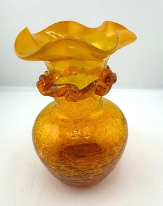 Vintage MCM orange crackle glass vase hand-blown, fancy ruffled edge 5 inch tall - Picture 1 of 11