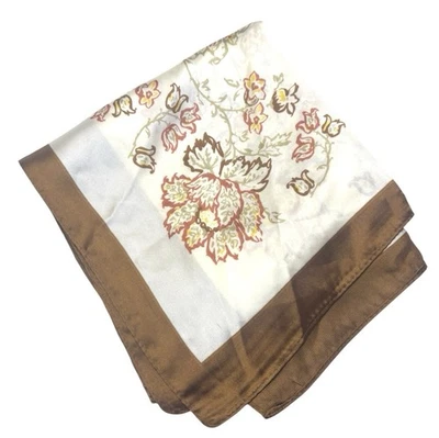 Silk Twill Square Scarf Vintage Floral Design Brown White Head Scarf - Image 1 of 4