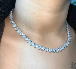 30.Ct Heart Cut Lab-Created Diamond Tennis necklace 16inch 14K White Gold Plated - Picture 1 of 4