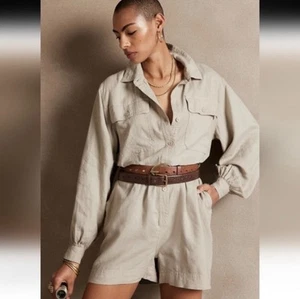 Banana Republic Safari Long Sleeve Linen Romper Tan Neutral Minimalist Medium - Picture 1 of 11
