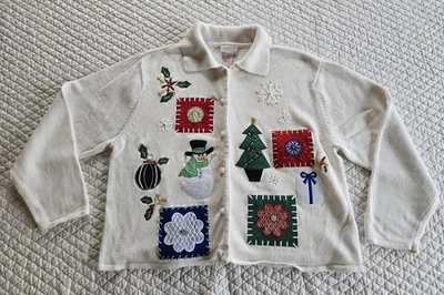 Винтажный рождественский кардиган вышитый бисером снеговиков Санта размер XL белый красный зеленый - Изображение 1 из 4