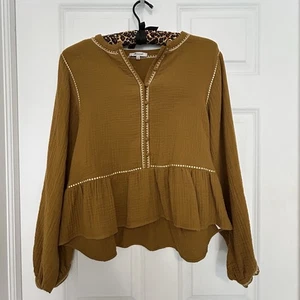 Blusa Madewell Oro Mostaza 100% Algodón Peplum Boho Festival Campesino Cuello Dividido - Imagen 1 de 6