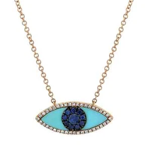 14K Rose Gold Evil Eye Necklace Blue Sapphire Diamond Turquoise 0.74 CTW - Picture 1 of 4