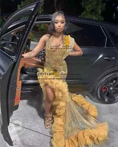 Vestidos de graduación de limo acanalado con estrás negros para niñas sirena cumpleaños parte vestido - Imagen 1 de 6