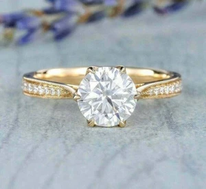 2Ct Round Cut Lab Created Diamond Solitaire Wedding Ring 14K Yellow Gold Plated - Picture 1 of 4