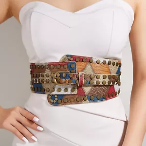Women Colorful Vintage Rivet Studded Elastic Waist Belt Wide Elastic Corset Belt - Picture 1 of 8