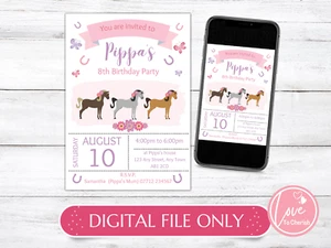 DIGITAL Horses PERSONALISED Invitations-Girls Pony Riding Birthday Party Invites - Picture 1 of 5