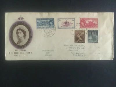 1953 New Zealand First Day Cover QE II Queen Elizabeth coronation Flight to UK 2 - Image 1 of 2