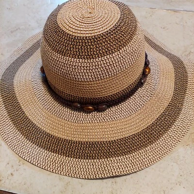 Magid Women's Wide Brim Floppy Sun Hat Woven Paper Straw Beige Brown Stripe - Image 1 of 4