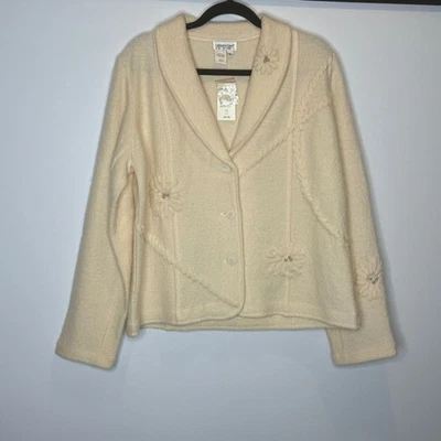NUEVO CON ETIQUETAS Coldwater Creek Crema Peluche Lana Chaqueta Abrigo Suéter Floral Bordado XL Foto 1 de 4