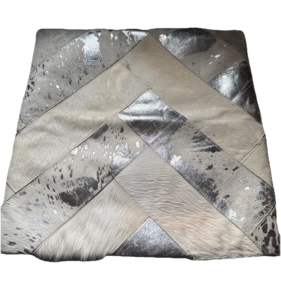 Cowhide Leather Hair-On Patchwork Cushion Pillow Cover 20x20” Silver - Image 1 of 4