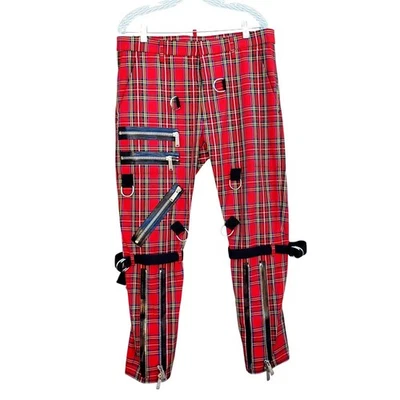 DSQUARED2 Red Plaid Tartan Bondage Pants Size 50 Italy Designer Punk Rock Zipper - Image 1 of 4