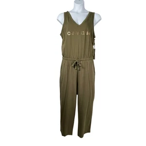 Calvin Klein Jumpsuit XL Green Rhinestone Logo Cotton Blend Cropped 24" Inseam - Picture 1 of 7