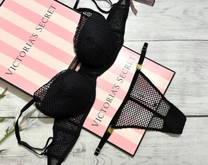 Victoria's Secret Luxe Lingerie Fishnet Lace Push-up Bra Set Black 34DD 36D 38D - Picture 1 of 5