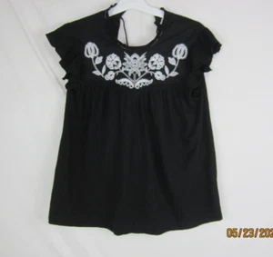 Knox Rose Women's Embroidered Short Flutter Sleeve Shirt Black S - Picture 1 of 12