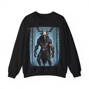 Gothic Horror Sweatshirt with Skull Antler Demon Design - Dark Fantasy Apparel - Picture 1 of 10