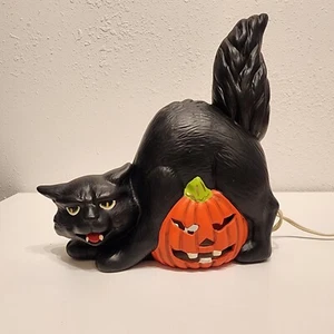 Vintage Hand Painted Ceramic Pumpkin Jack O’Lantern Black Cat Halloween Decor - Picture 1 of 8